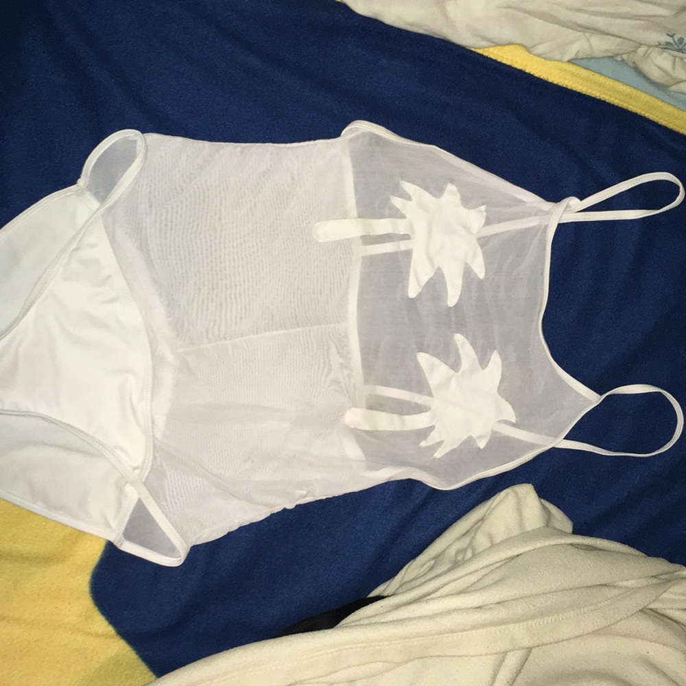 White mesh palm tree one piece bathing suit
